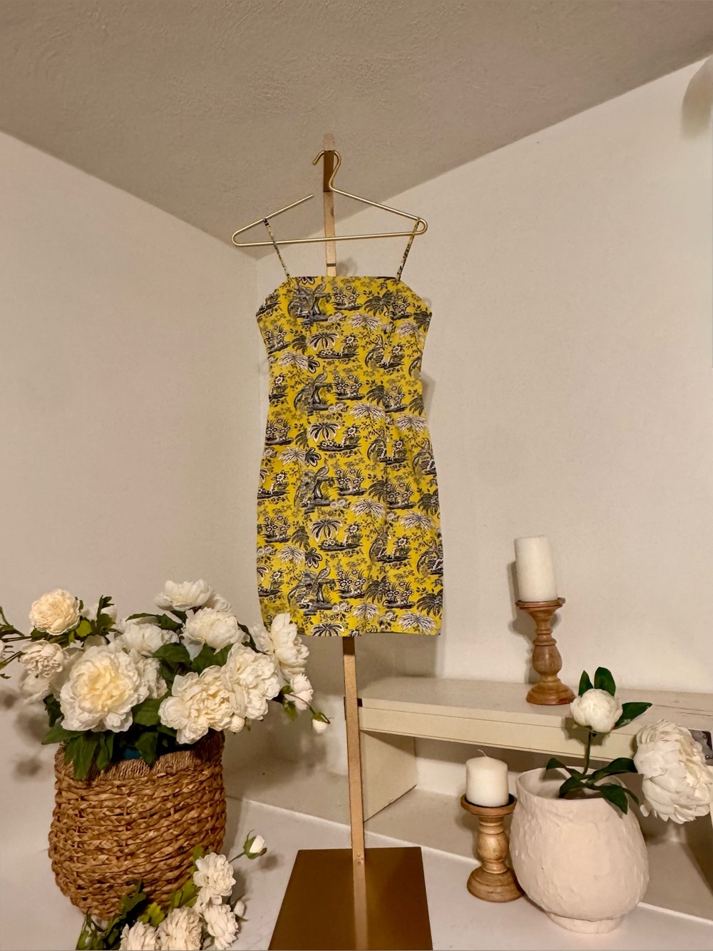 STAUD Yellow Tropical Print Strapless Mini Dress